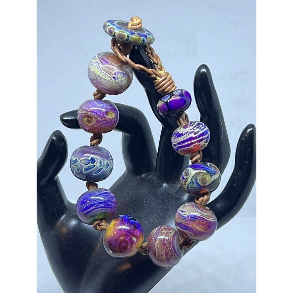 Santa Cruz Artist Made Lamp Worked Glass Bead Bracelet 9 3/4" OOAK Blue Purple - Picture 4 of 13